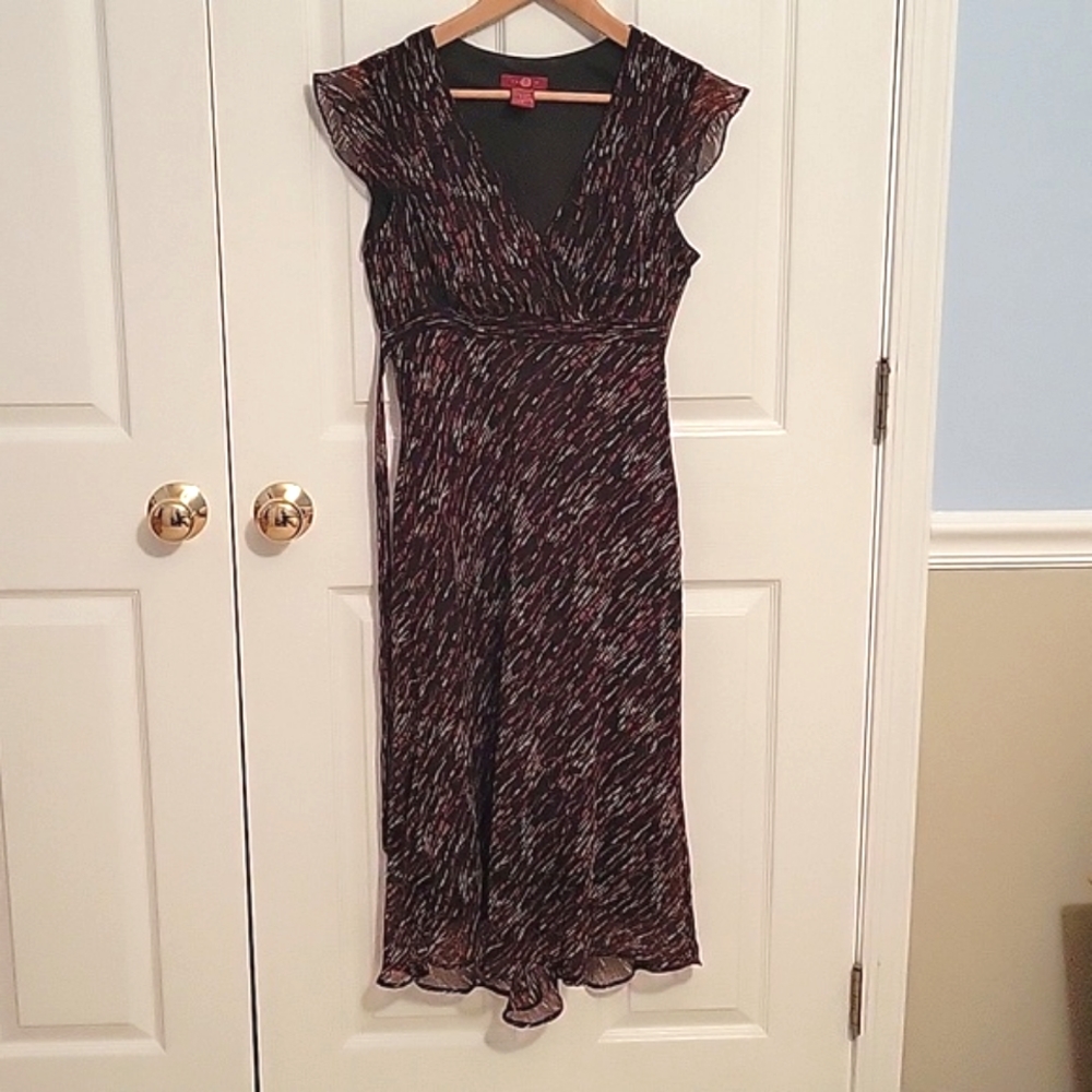 Sangria Dress with Ruffled Sleeve, Black with red and white accent pattern